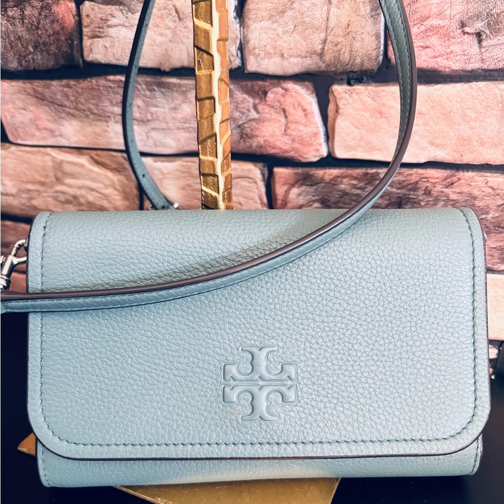 Tory Burch Thea Crossbody and Flat Wallet in Sage Green